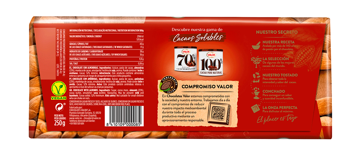 CHOCOLATE PURO CON ALMENDRAS 250 G.