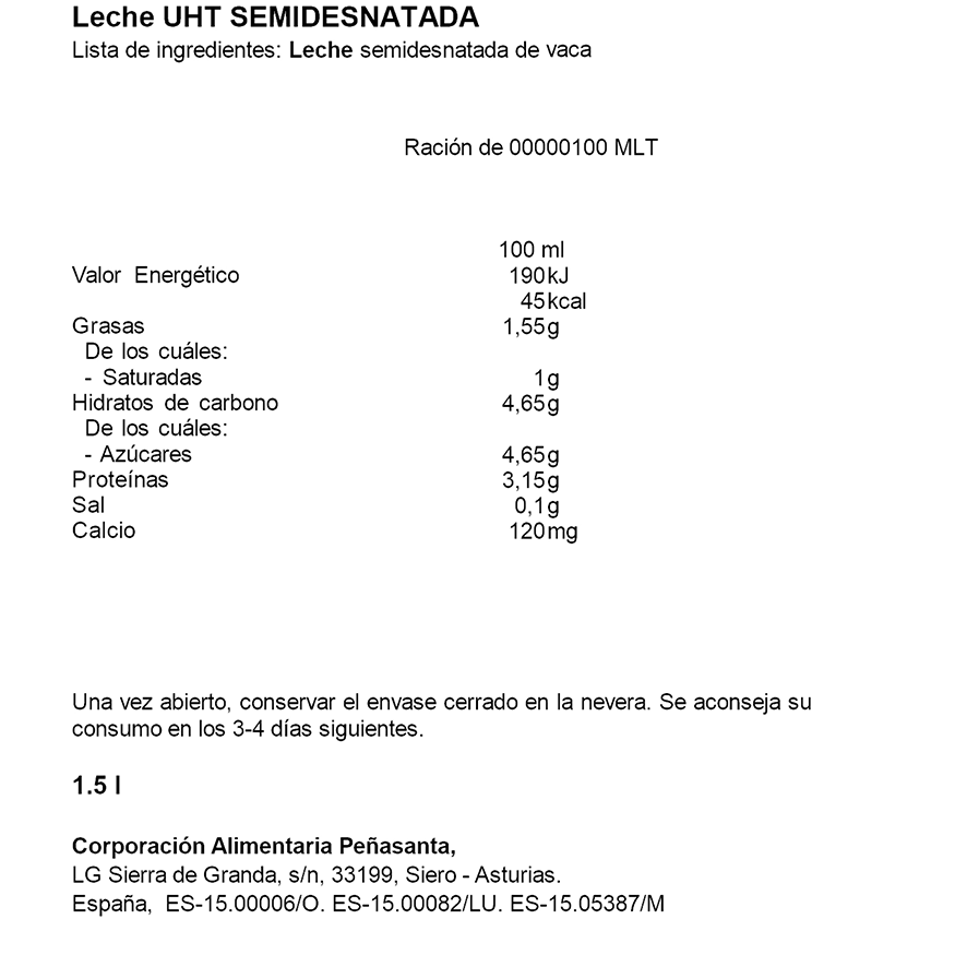 LECHE SEMIDESNATADA 1,5 LITROS