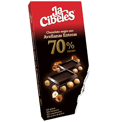 CHOCOLATE 70% CACAO CON AVELLANAS 200 G.