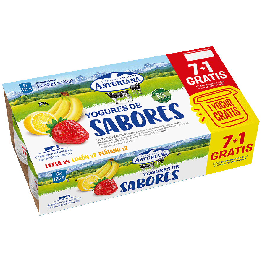 YOGUR DE FRESA, LIM&Oacute;N Y PL&Aacute;TANO 125 G. PACK 8