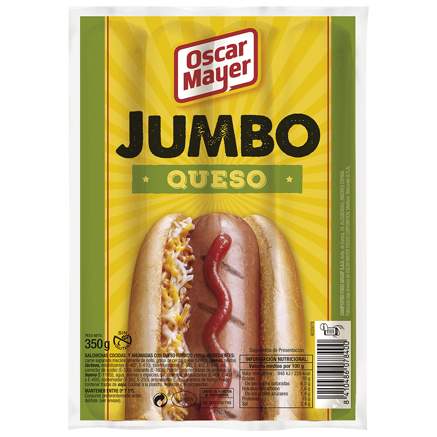 SALCHICHAS JUMBO CON QUESO 350 GRS.