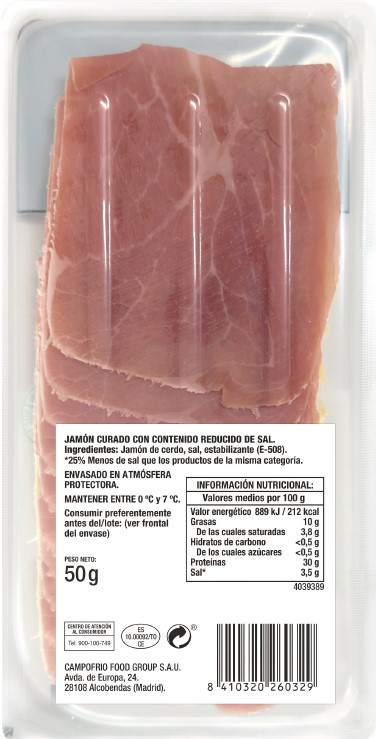 JAM&Oacute;N CURADO REDUCIDO EN SAL 50 G.