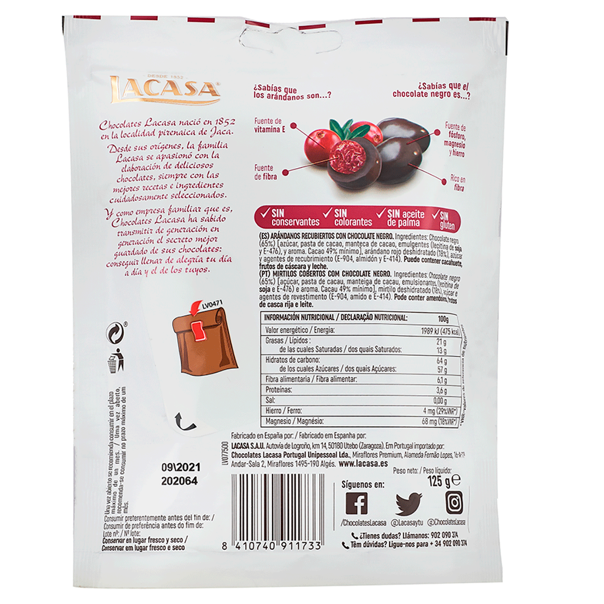 BOMB&Oacute;N DE AR&Aacute;NDANOS CON CHOCOLATE NEGRO 125 G.