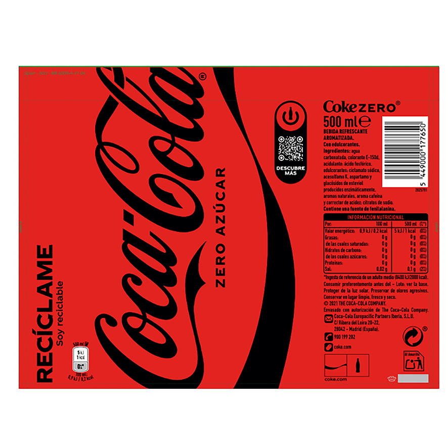 REFRESCO DE COLA ZERO AZ&Uacute;CAR 50 CL.