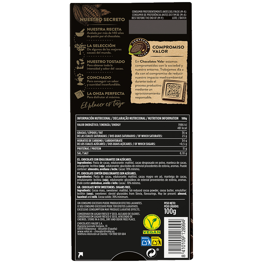 CHOCOLATE 70% NEGRO SIN AZUCAR 100 G.