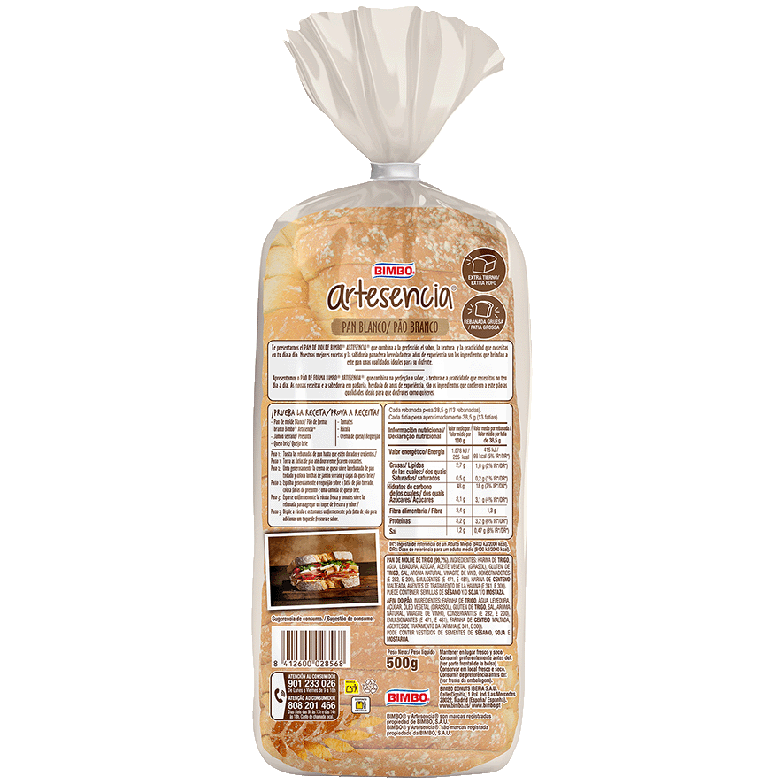 PAN DE MOLDE ARTESENCIA BLANCO 550 G.