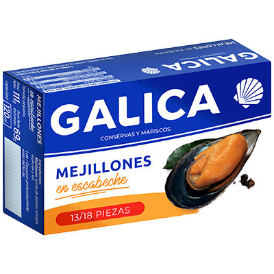 MEJILLONES EN ESCABECHE, 13 A 18 PIEZAS 69 G.