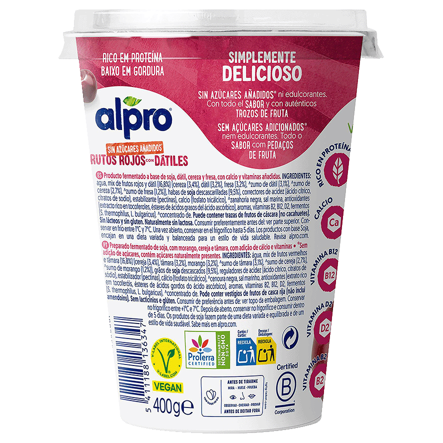 POSTRE DE SOJA FRUTOS ROJOS SIN AZUCAR 400 G.