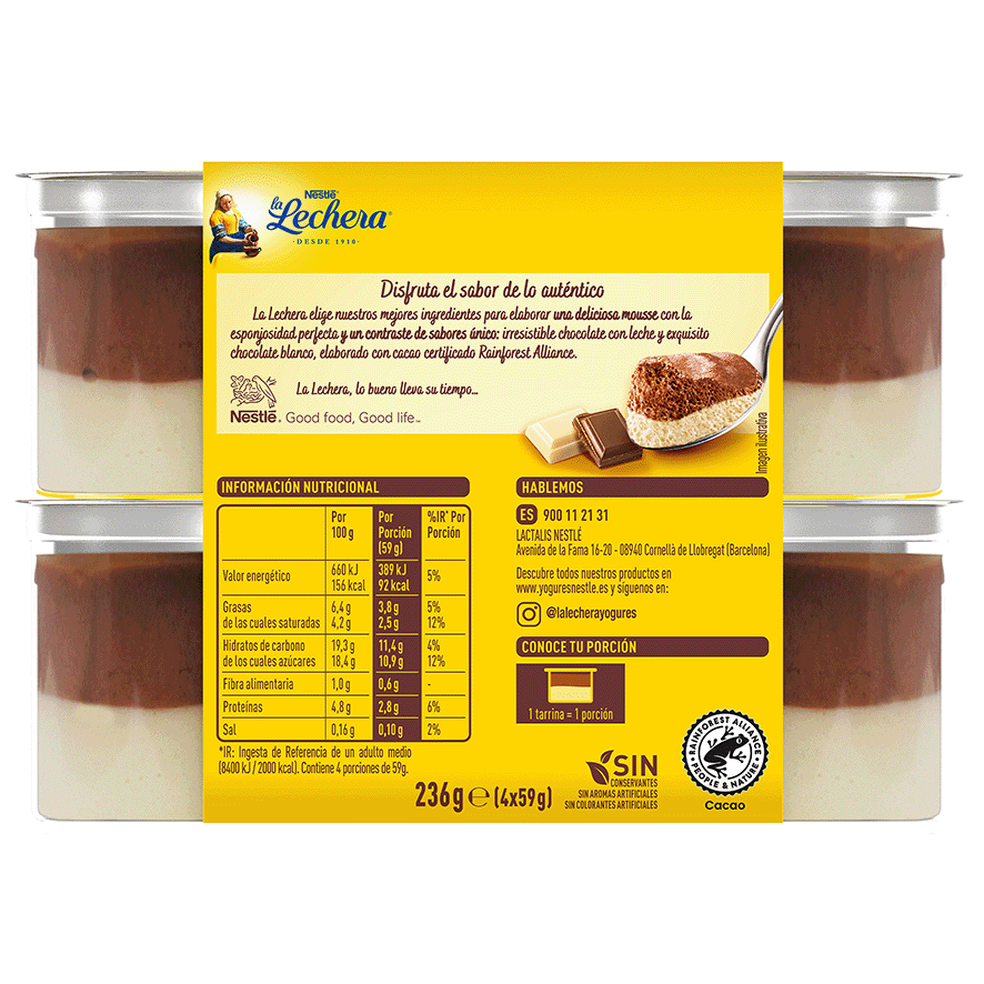 MOUSSE DUO CHOCOLATE CON LECHE-BLANCO 59 G. PACK 4