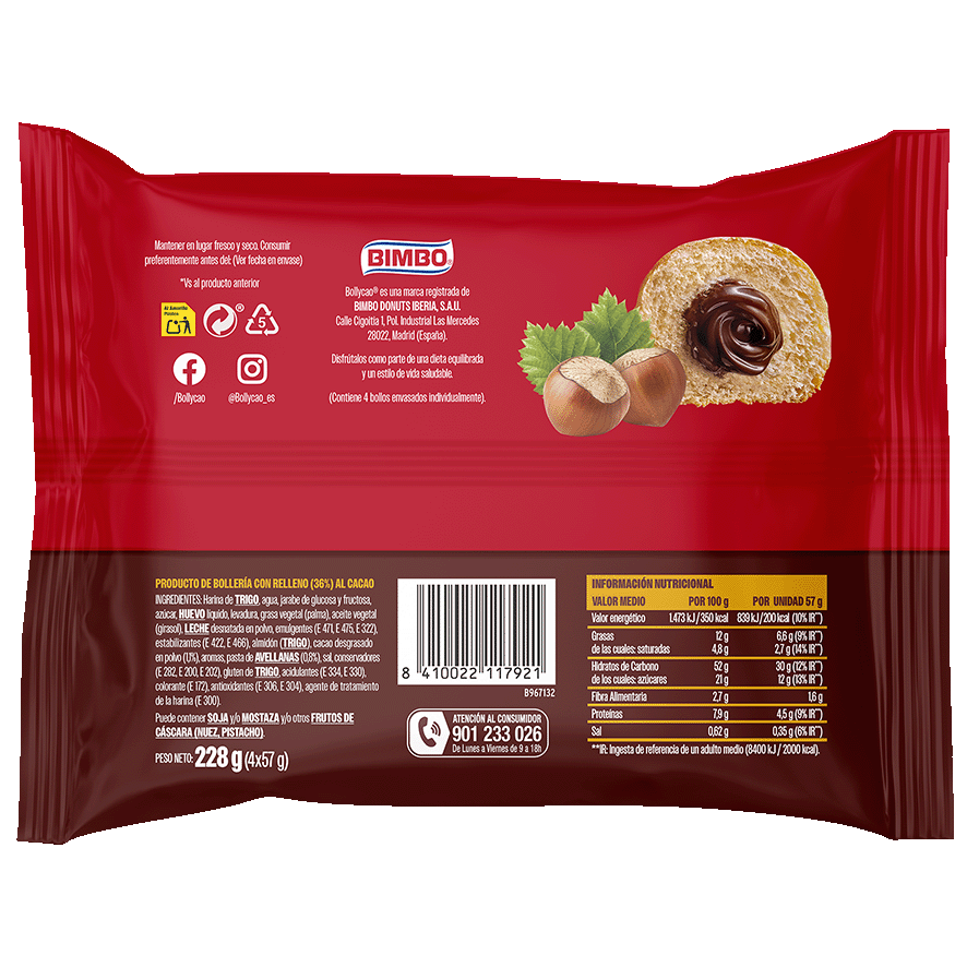BOLLO RELLENO DE CACAO 4 UDS.