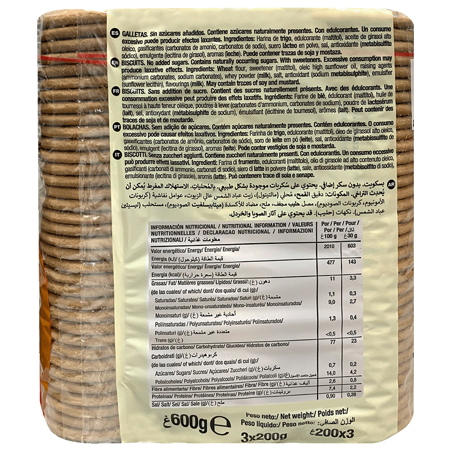 GALLETA DORADA 0% AZUCAR 600 G.