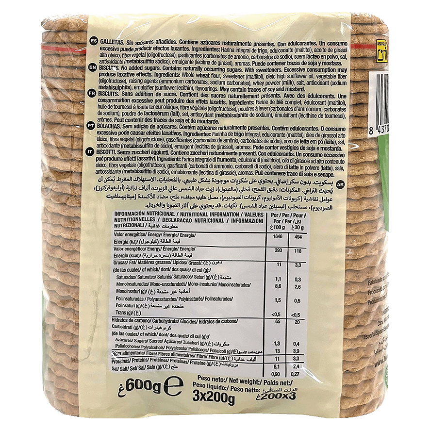 GALLETA INTEGRAL 0% AZ&Uacute;CARES 600 G.