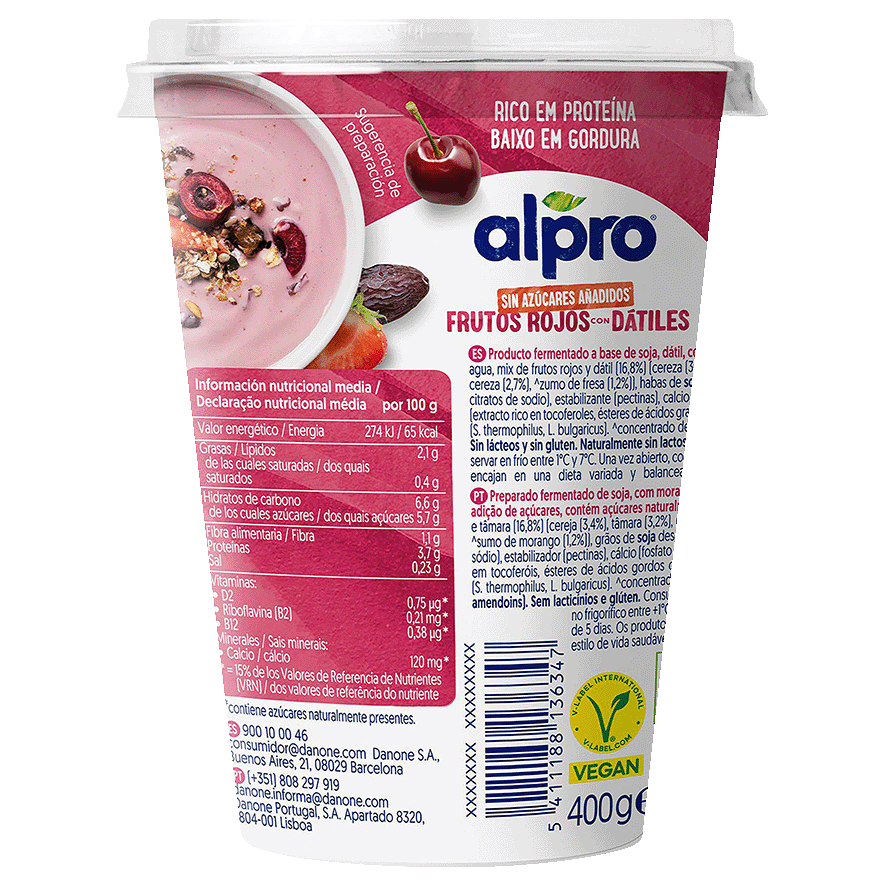 POSTRE DE SOJA FRUTOS ROJOS SIN AZUCAR 400 G.