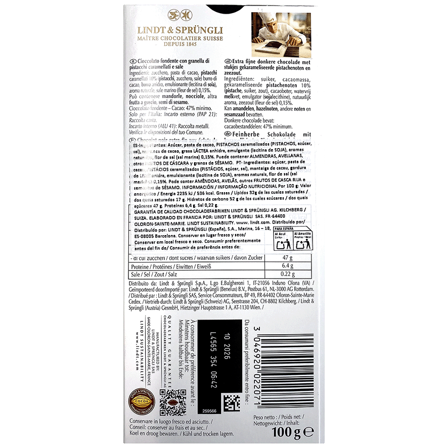 CHOCOLATE PISTACCHIO FONDENTE 100 G.