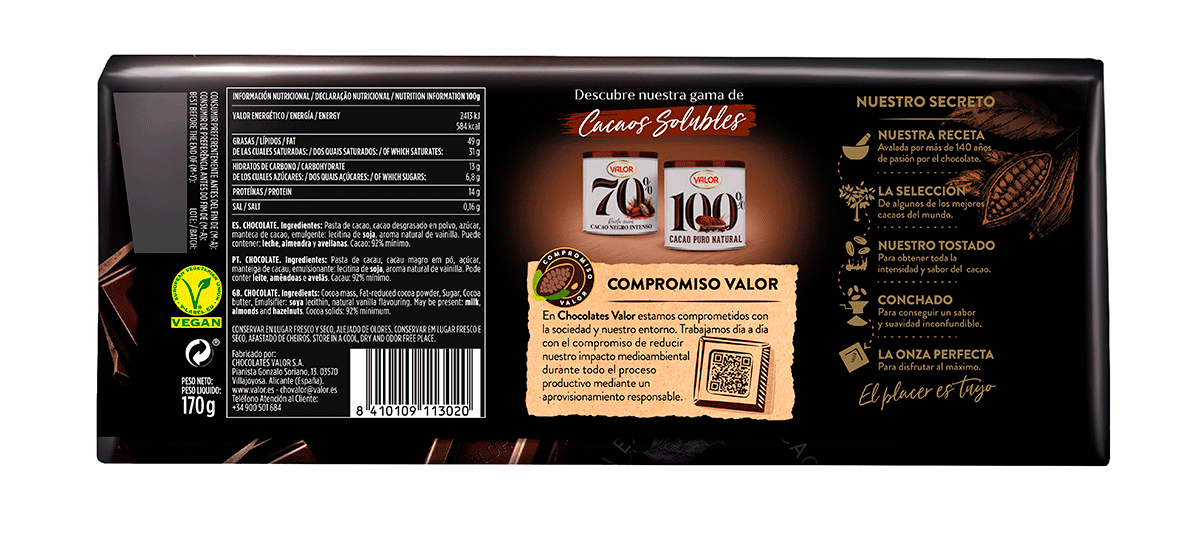 CHOCOLATE 92% NEGRO 170 G.