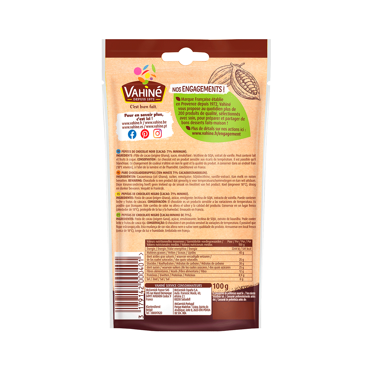 PEPITAS DE CHOCOLATE NEGRO INTENSO 70% 100 G.