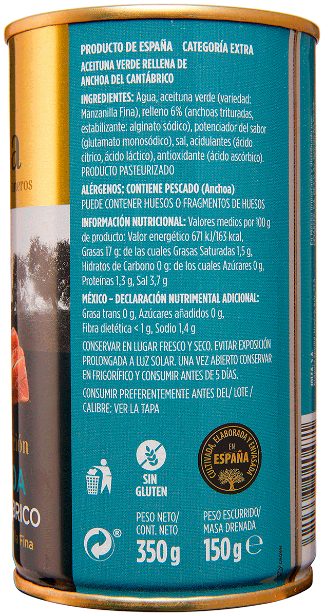 ACEITUNAS RELLENAS DE ANCHOA DEL CANTABR 150 G.