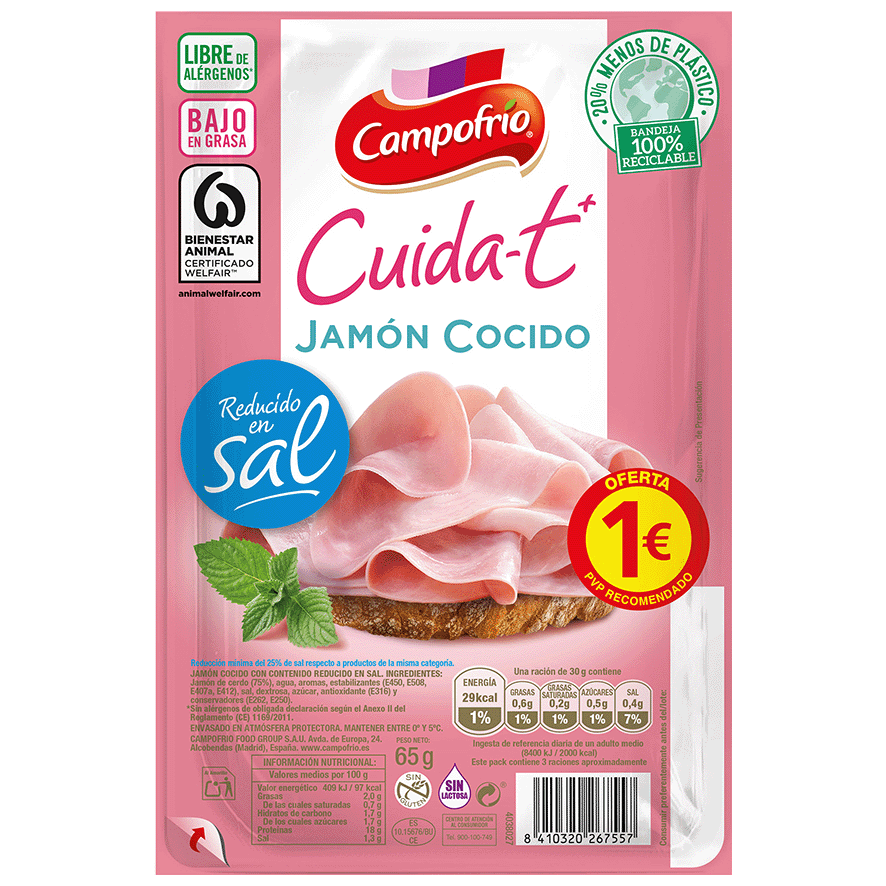 JAM&Oacute;N COCIDO REDUCIDO EN SAL CUIDA-T+ 65 G.