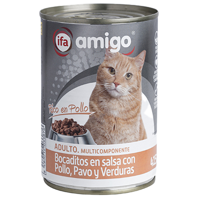 BOCADITOS PARA GATO CON POLLO Y VERDURAS 415 G.