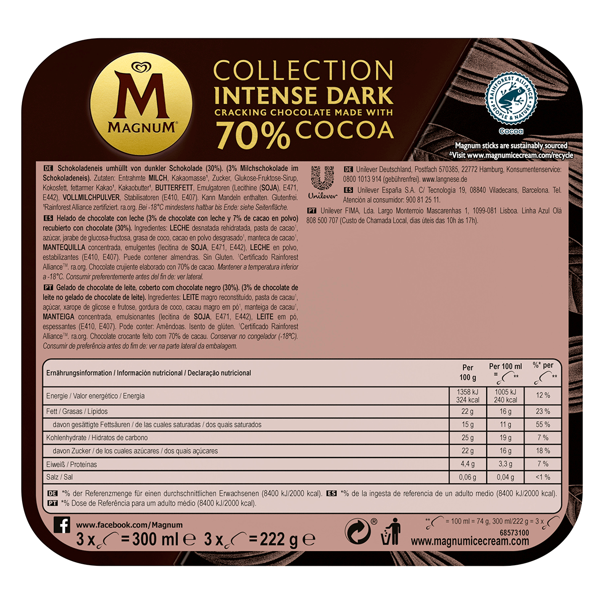 HELADO INTENSE DARK 70% CACAO 74 G. PACK 3 UDS.