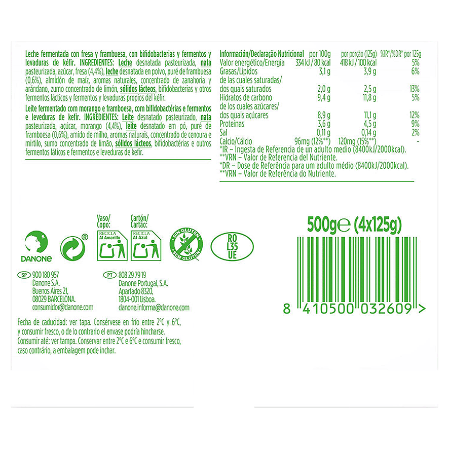 K&Eacute;FIR FRESA Y FRAMBUESA 125 G. PACK 4