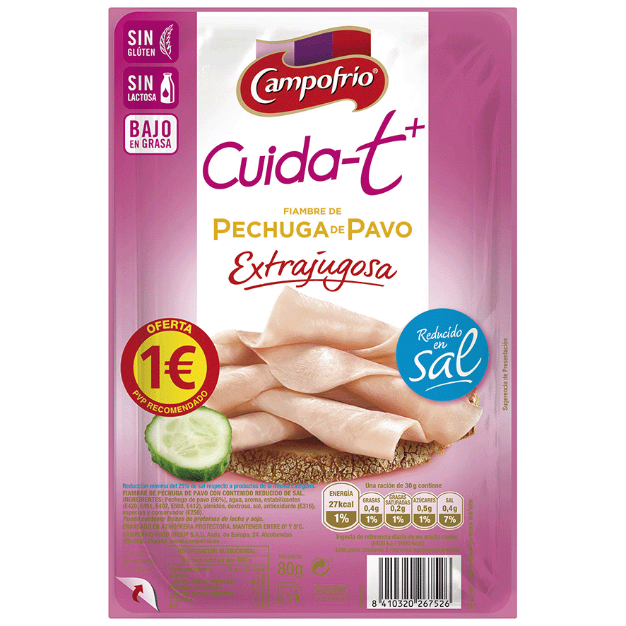 PECHUGA DE PAVO BAJA EN SAL CUIDA-T+ 80 G.