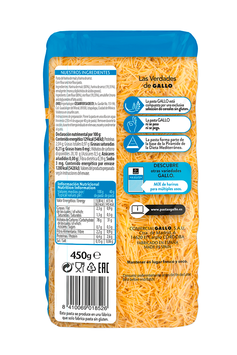FIDEOS SIN GLUTEN 450 G.
