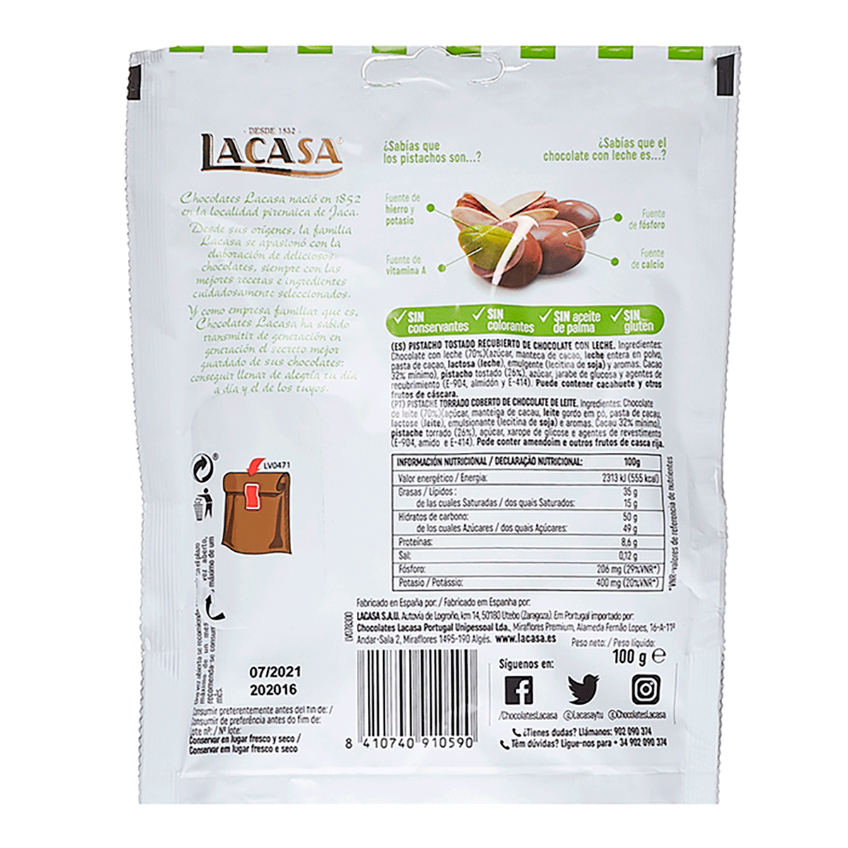 PISTACHOS CON CHOCOLATE CON LECHE 100 G.