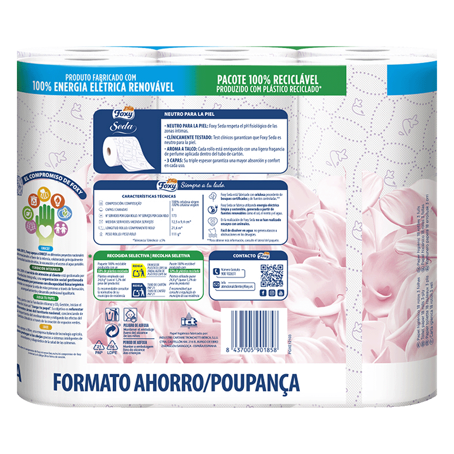 PAPEL HIGI&Eacute;NICO SEDA, 3 CAPAS 18 ROLLOS